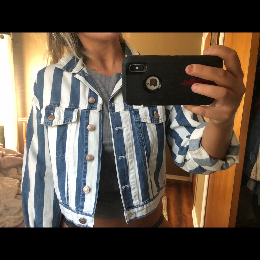 Brand new blue and white striped jean jacket
